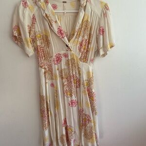 Free People Cream Dress Pink/Yellow Floral Design Women’s XS Collar Knee Length